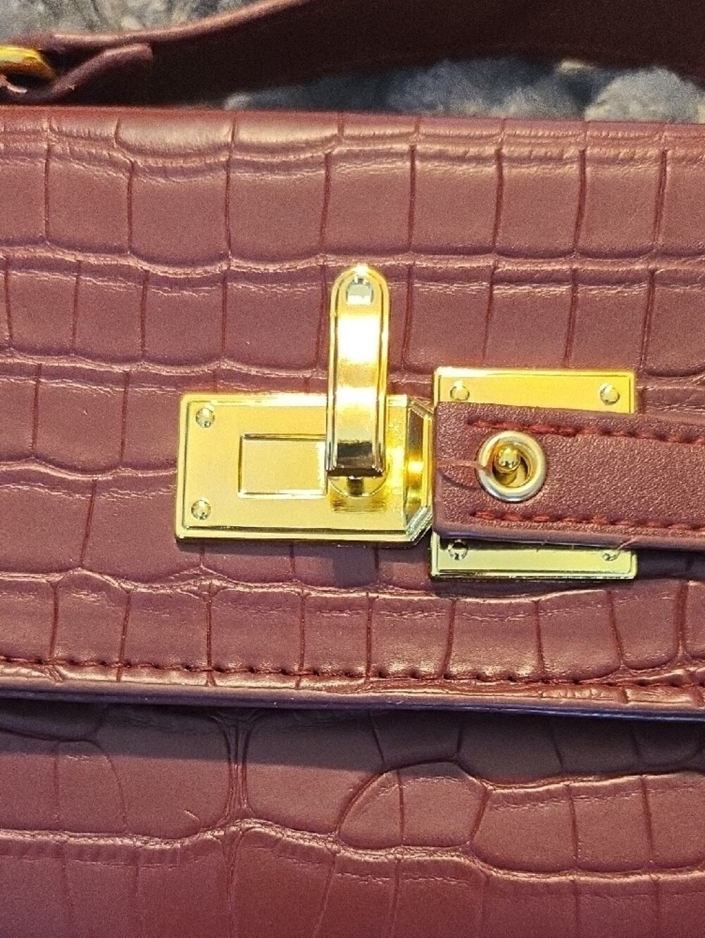 Croc-Embossed Barrel Wristlet Clutch in Deep Burgundy with Gold Hardware - Picture 2 of 7